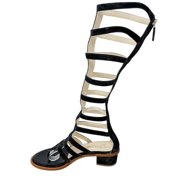 Chanel Suede Block Heel Gladiator Tall Sandals CC logo dark gray size 38 - Picture 9 of 13
